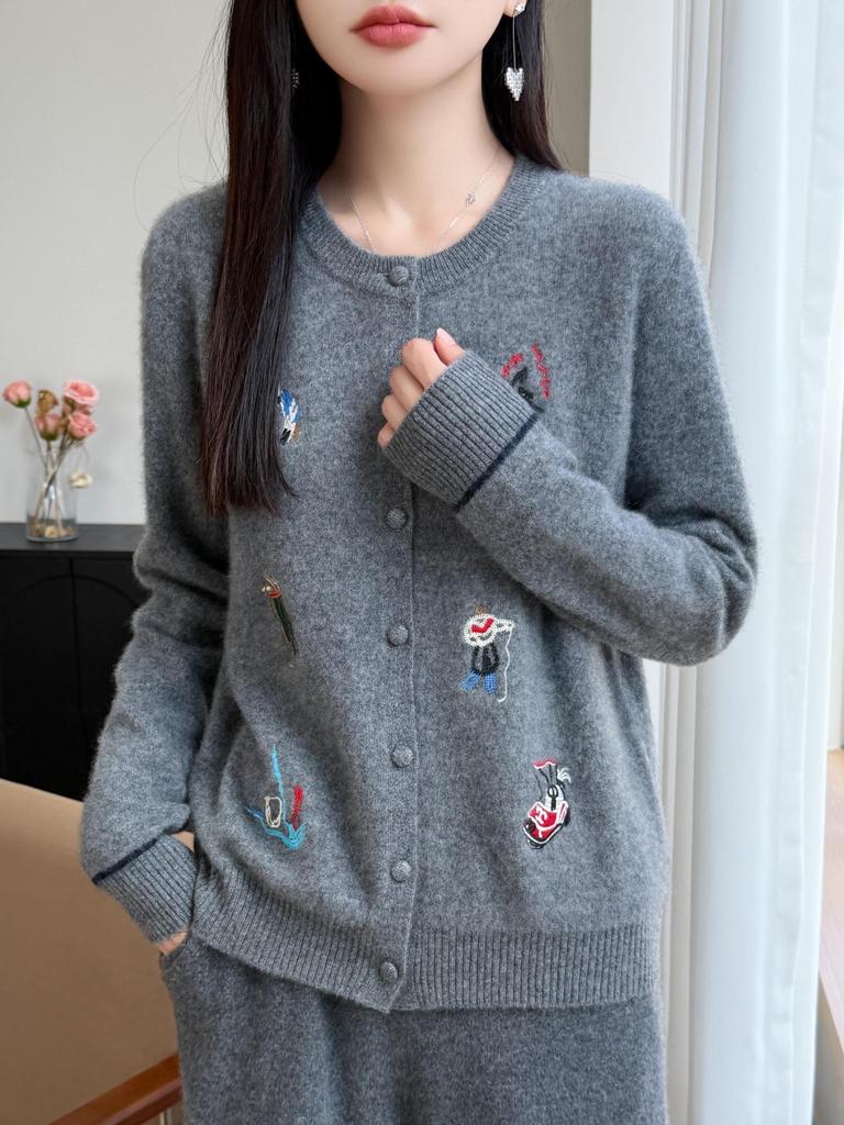 2026 Autumn/Winter Women's Loose Round Neck Cartoon Embroidery 100% Wool Cardigan
