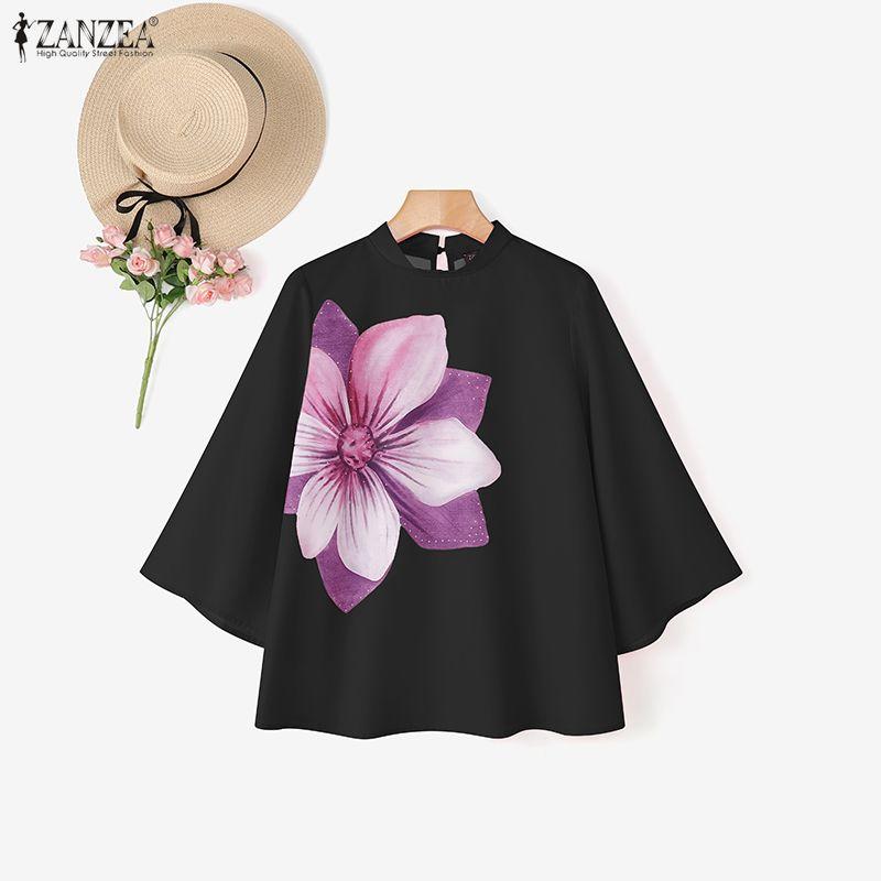 ZANZEA Women Stand Neck 3/4 Sleeve Floral Print Elegant Casual Blouse