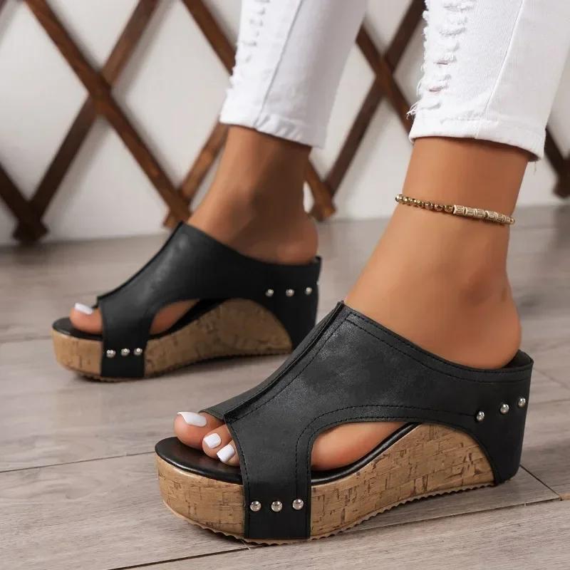 Women Wedges Slippers 2024 New Summer Platform Sandals for Women Rubber Sole Buckle Peep Toe Elegant Slippers Slides Women