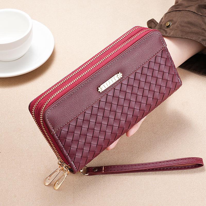 Women’s Double Zipper Long Wallet Woven PU Leather Clutch Purse Large Capacity Wristlet Wallet Card Holder Phone Wallet with Strap