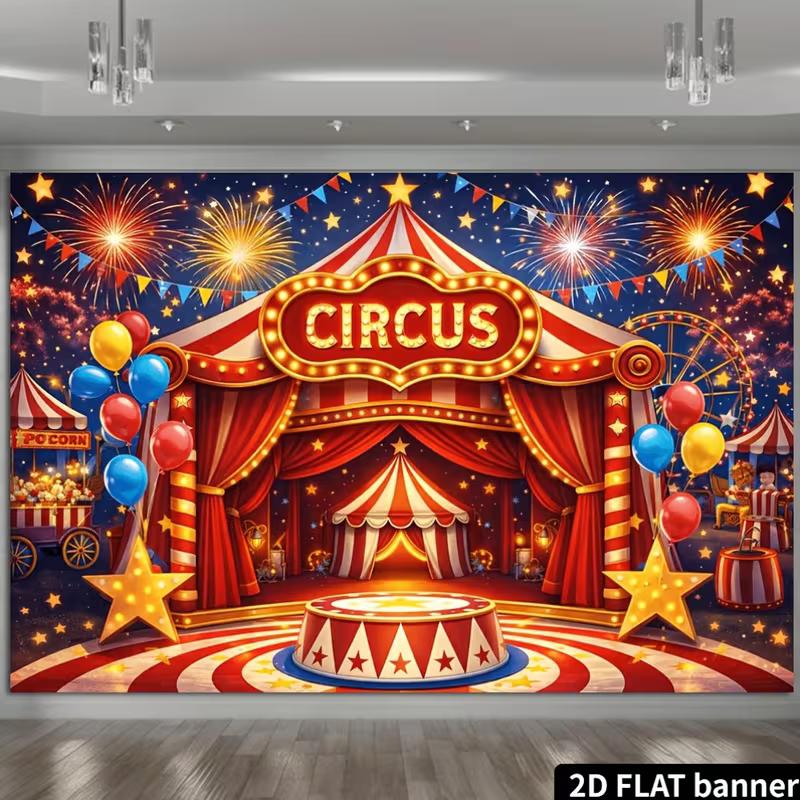 2D Circus Tent Photo Backdrop, Carnival Night Party Banner, Baby Shower & Birthday Decor