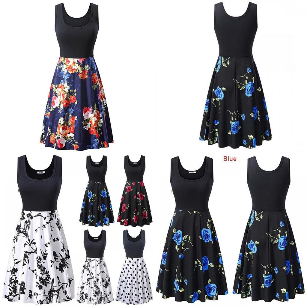 Robe d'été sans manches en coton à imprimé floral rétro pour femme, col rond, style vintage