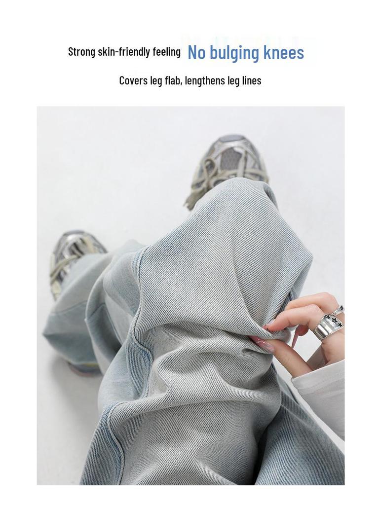 Ljusblå Wide-Leg Jeans med Hög Midja för Kvinnor - Våren 2025 Smalande Lös Passform Rak Ben Design