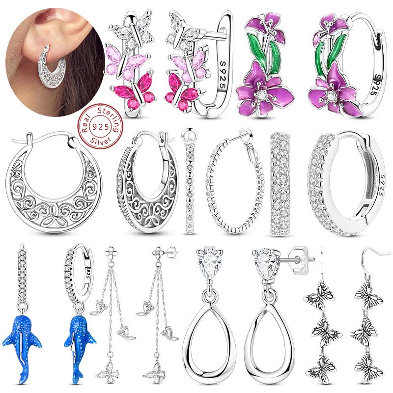 Hoop Earrings 925 Silver Sparkling Retro Pattern Heart and Dragonfly Stud Earrings for Women Girl Party Wedding Jewelry