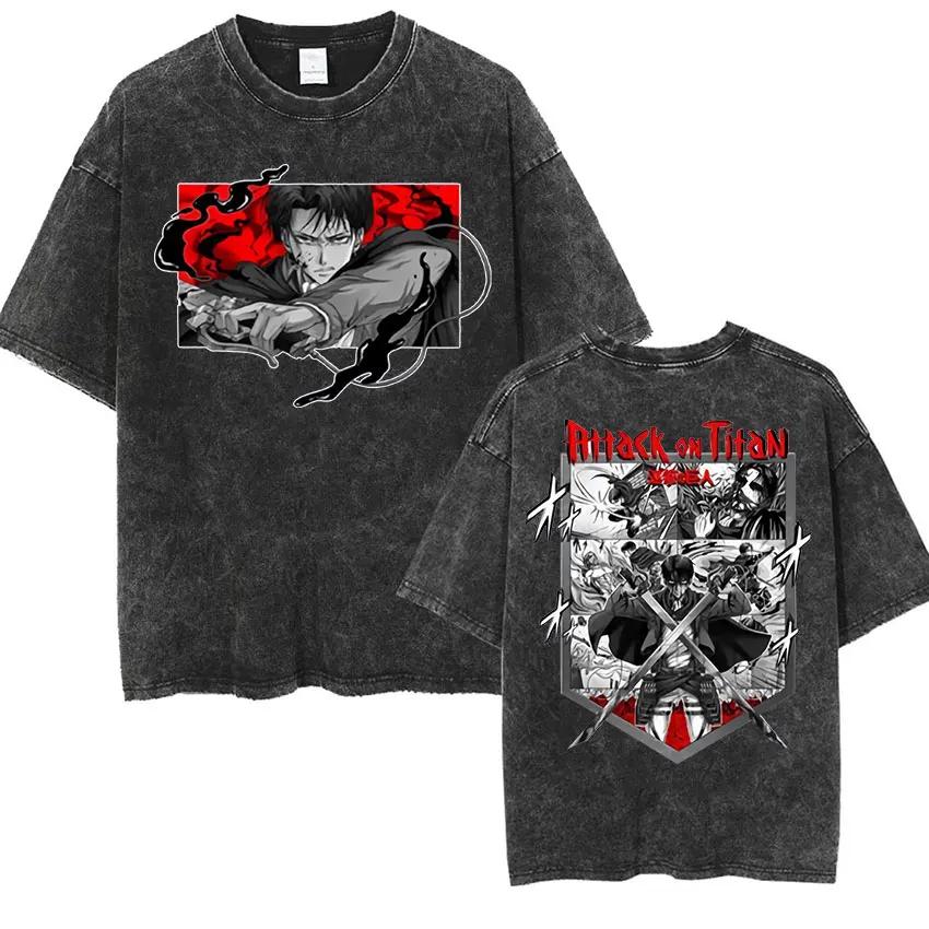 Washed Vintage Anime Attack on Titan Eren Jaeger Graphic Tshirt Men Women Cartoon Manga Merch Tshirts Male Oversized T Shirts