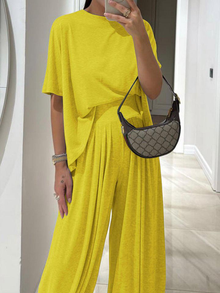 2025 Women's Drapey Wide-Leg Pants Two-Piece Set - Professional Casual Loose Fit with Solid Colors