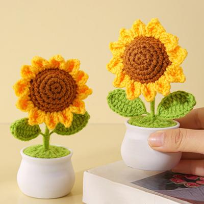 Handmade Knitted Sunflower Potted Plant Decor Crochet Wool Flower Desk Decoration Home