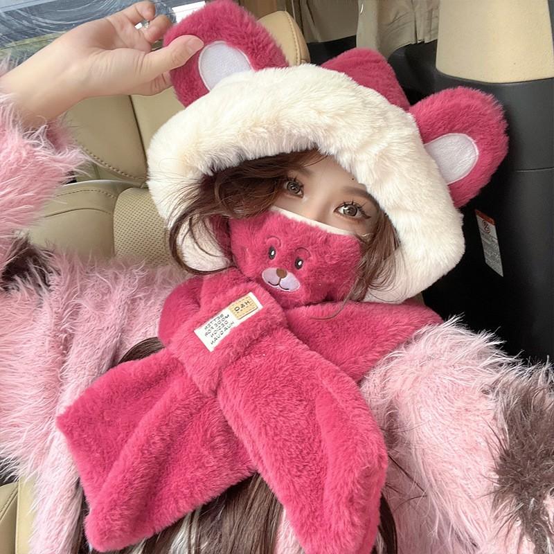 Warm strawberry bear three-piece bear hat scarf gloves integrated women's autumn and winter versatile cute plush ear protectors