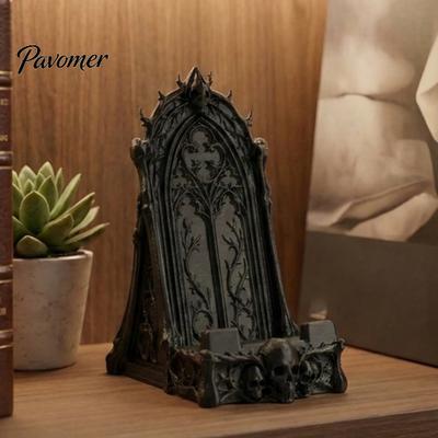 Vintage Gothic Window Decor 3D Printed Phone Stand, Skull Vine Relief Desk Organizer, Creative Smartphone Dock Dark Academia Holder for Phones, Office