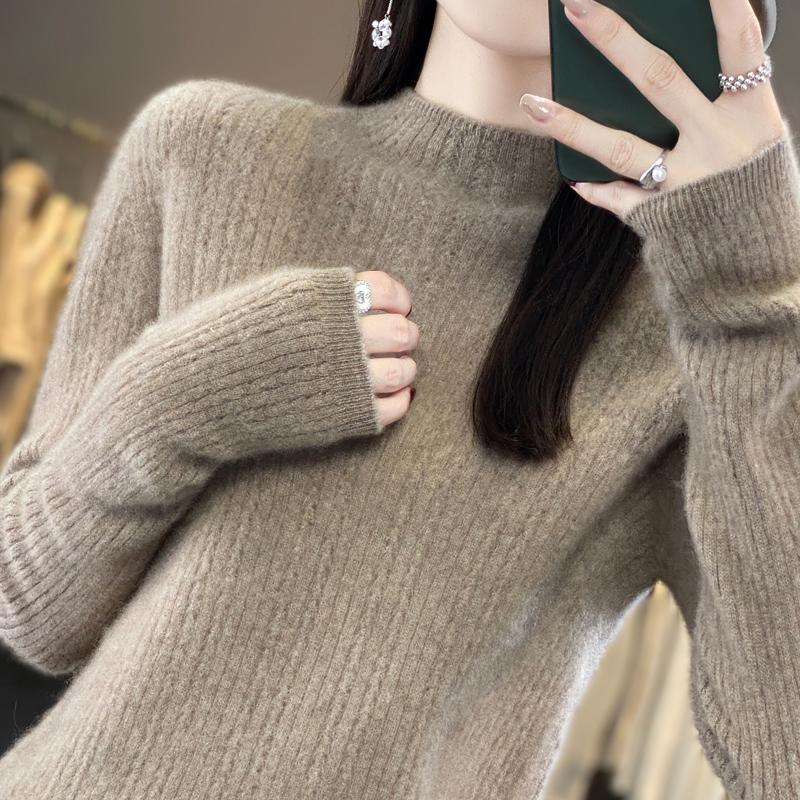 Damski sweter z półgolfem, kaszmir Qinghe, 30% kaszmiru, 70% wełny, zimowy sweter dzianinowy, jesienny sweter kaszmirowy