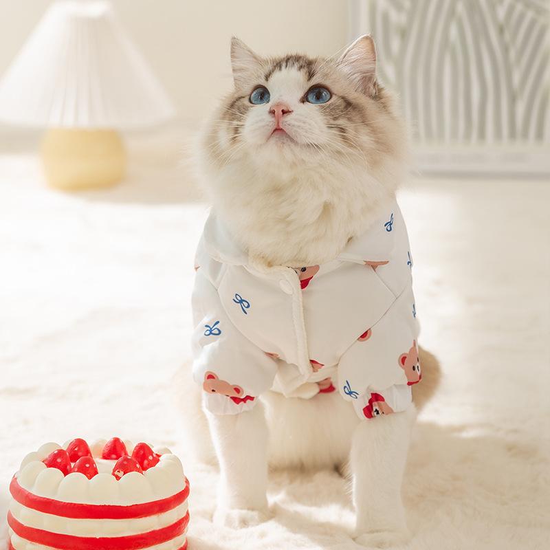 Niedliche Haustierkleidung mit Tierbär-Aufdruck, Wintermantel aus Baumwolle für kleine Hunde, Teddy, warmer Daunenmantel, Cartoon-Muster, Kleidung für zweibeinige Hunde