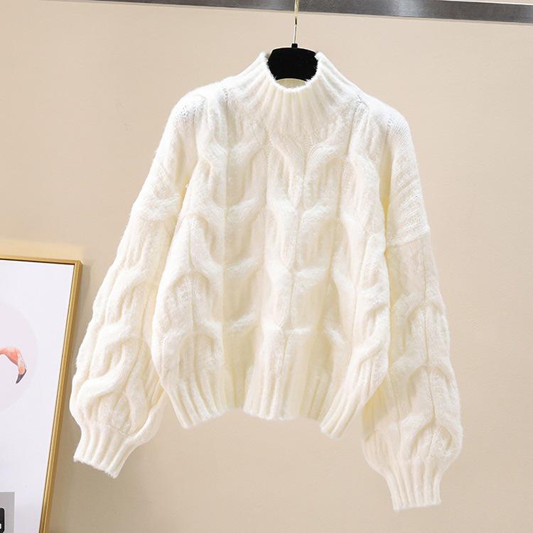 Women's Autumn/Winter Lantern Sleeve Cable Knit Sweater - Loose, Round Neck, Twisted Stitch Pullover.