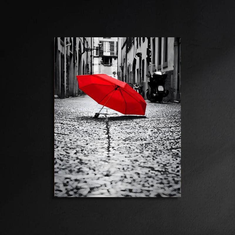 Framed - Red Umbrella Street Printed Canvas Art Poster - Modern City Scene Canvas Poster Decorative Wall - Including Hanging Hardware