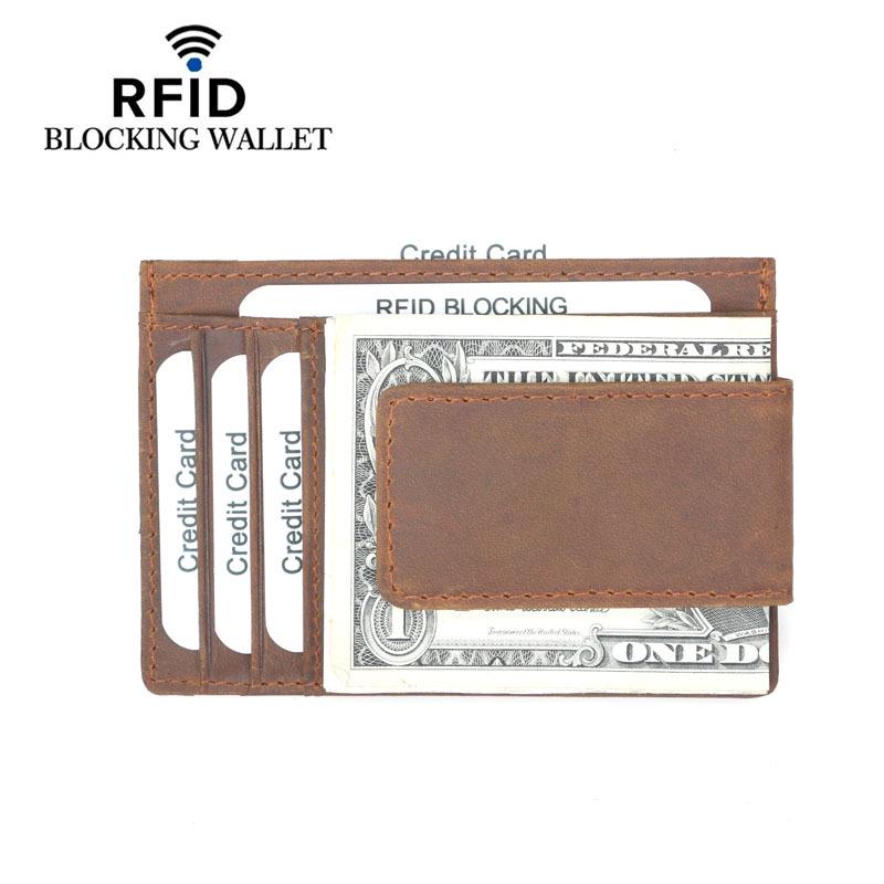 Men's Crazy Horse Card Holder with Magnetic Clip Retro Credit Case
