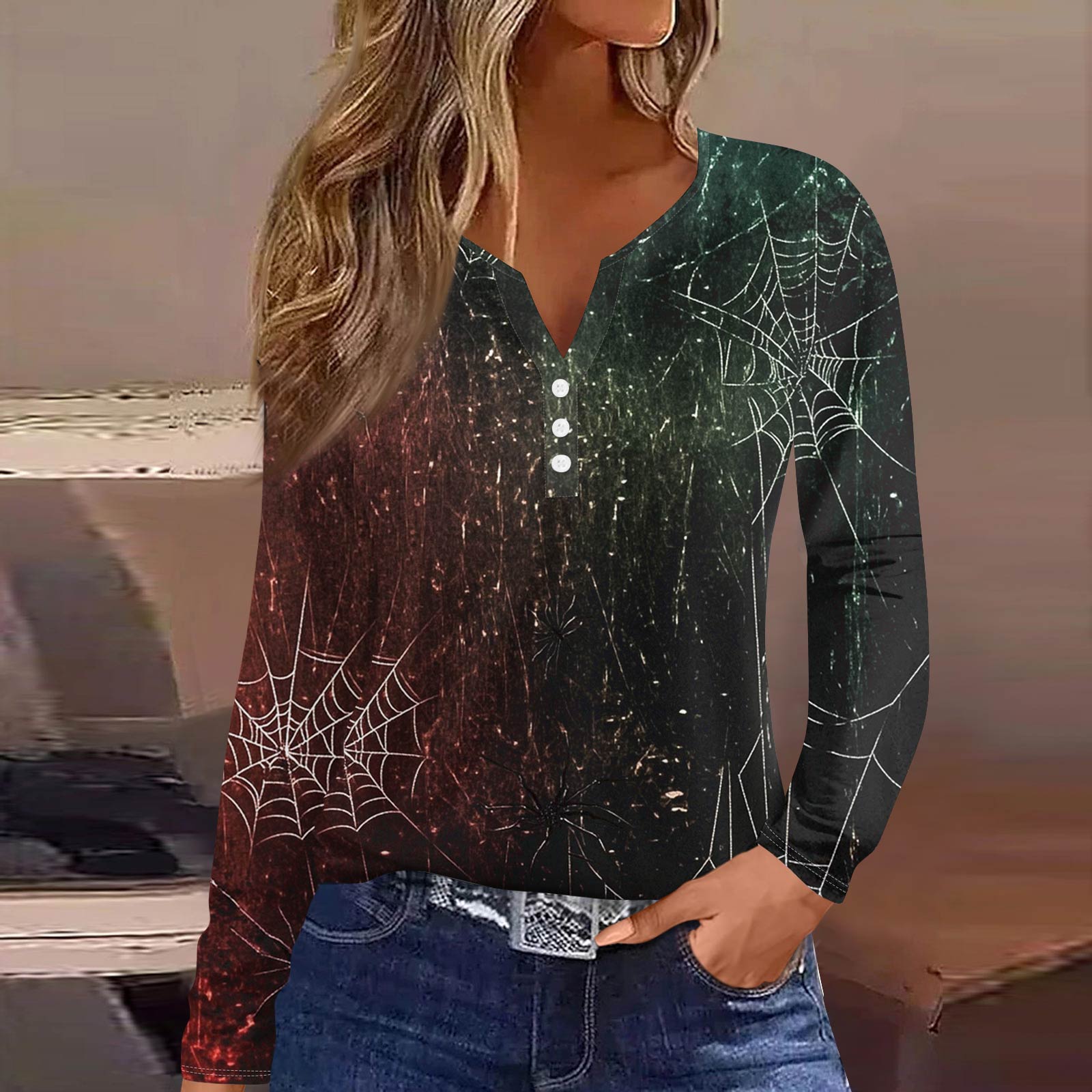 

Жен. Футболка Футболка на пуговицах с длинным рукавом Повседневные Выходные Мода Классический Топ с v-образным вырезом Обычный M винный