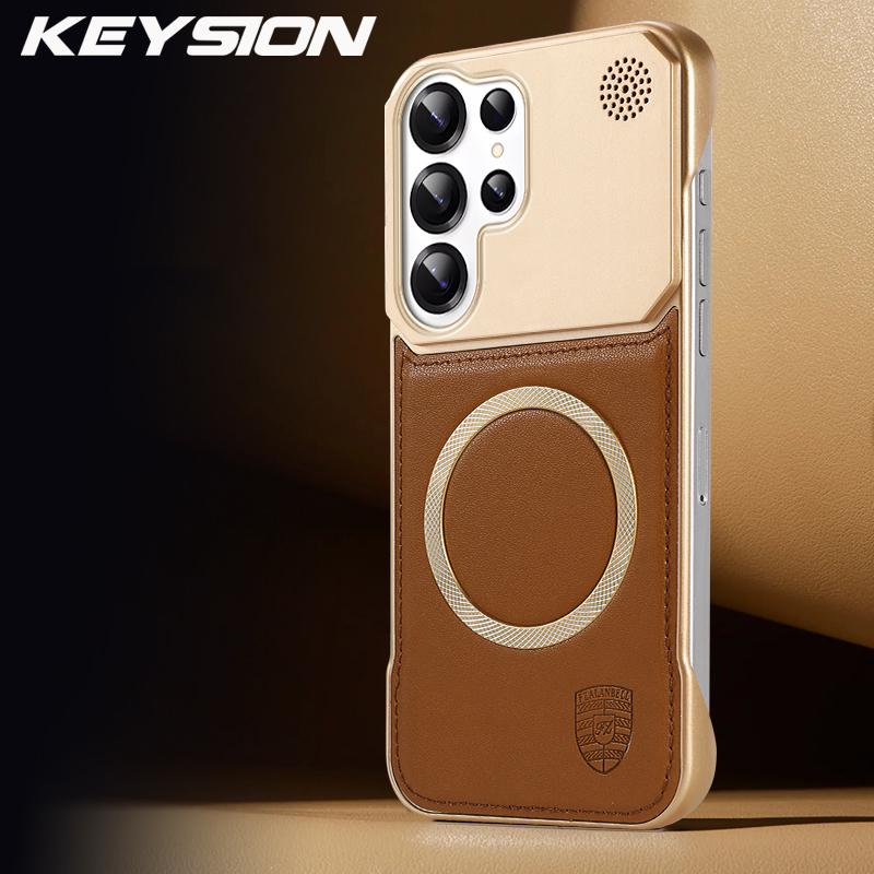 KEYSION Luxury Magnetic PU Leather Aromatherapy Phone Case for Samsung Galaxy S24 S25 Ultra Wireless Charging Borderless Cover