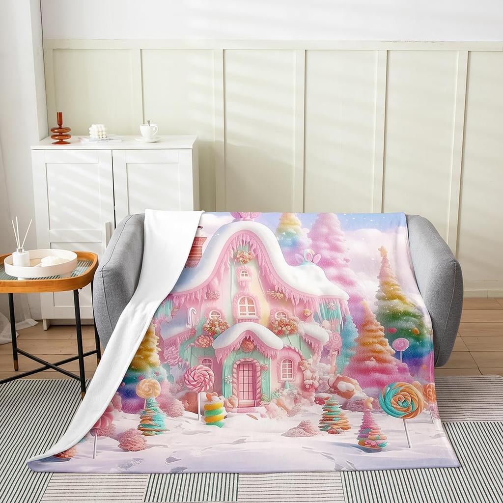 Gingerbread Xmas Flannel Blanket Blue Christmas Tree Candy Throw Blanket Western New Year Theme Cozy Throws for Bed Couch Sofa