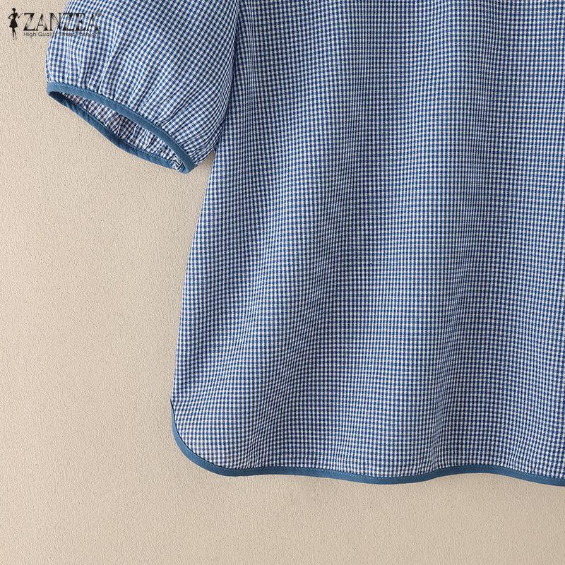 ZANZEA Women Casual Stand Collar Short Sleeve Grid Print Blouse