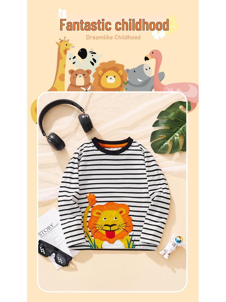 2025 Autumn/Winter Children's Long-Sleeve T-Shirt with Cartoon Lion Embroidery and Floral Design