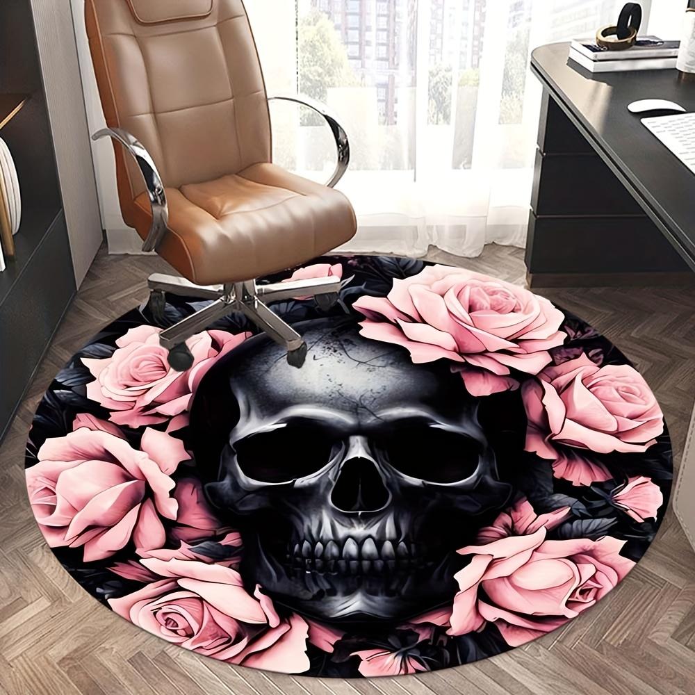 

Gothic Round Rug - Pink Roses & Skull on Black, Heavyweight Crystal Velvet Carpet for Living Room & Bedroom 60cm