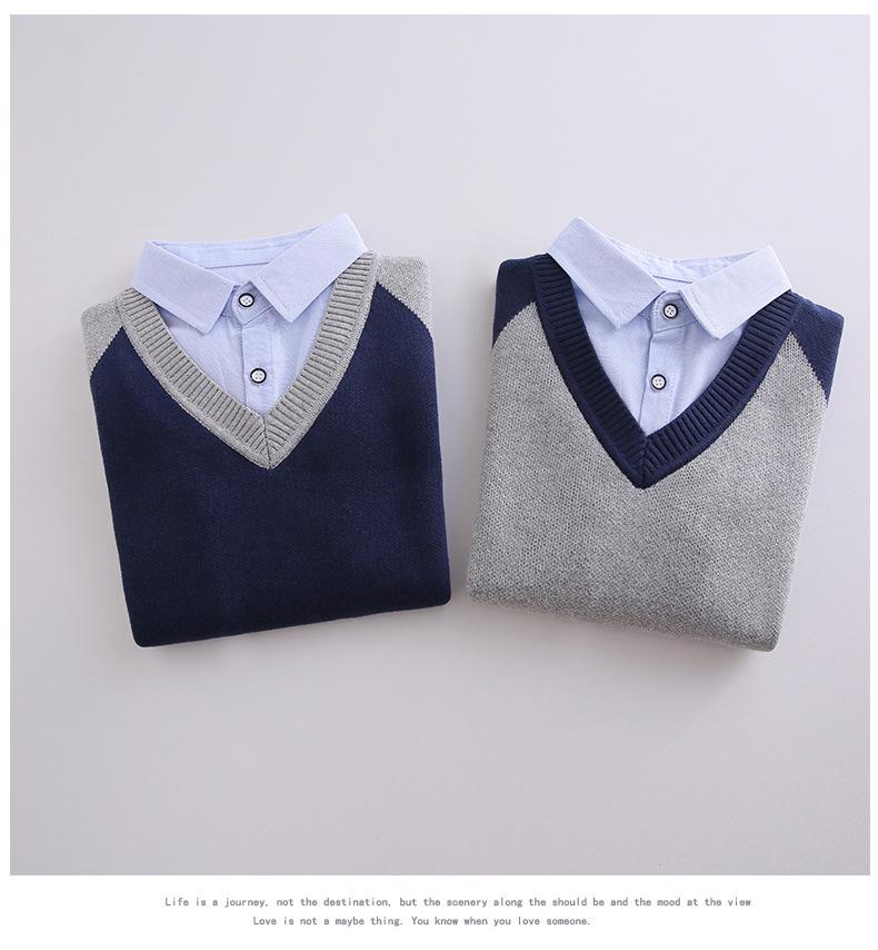 Jungen Strickpullover mit Fleecefutter: Dickes Fake-Zweiteiler-Design für Frühling/Herbst/Winter