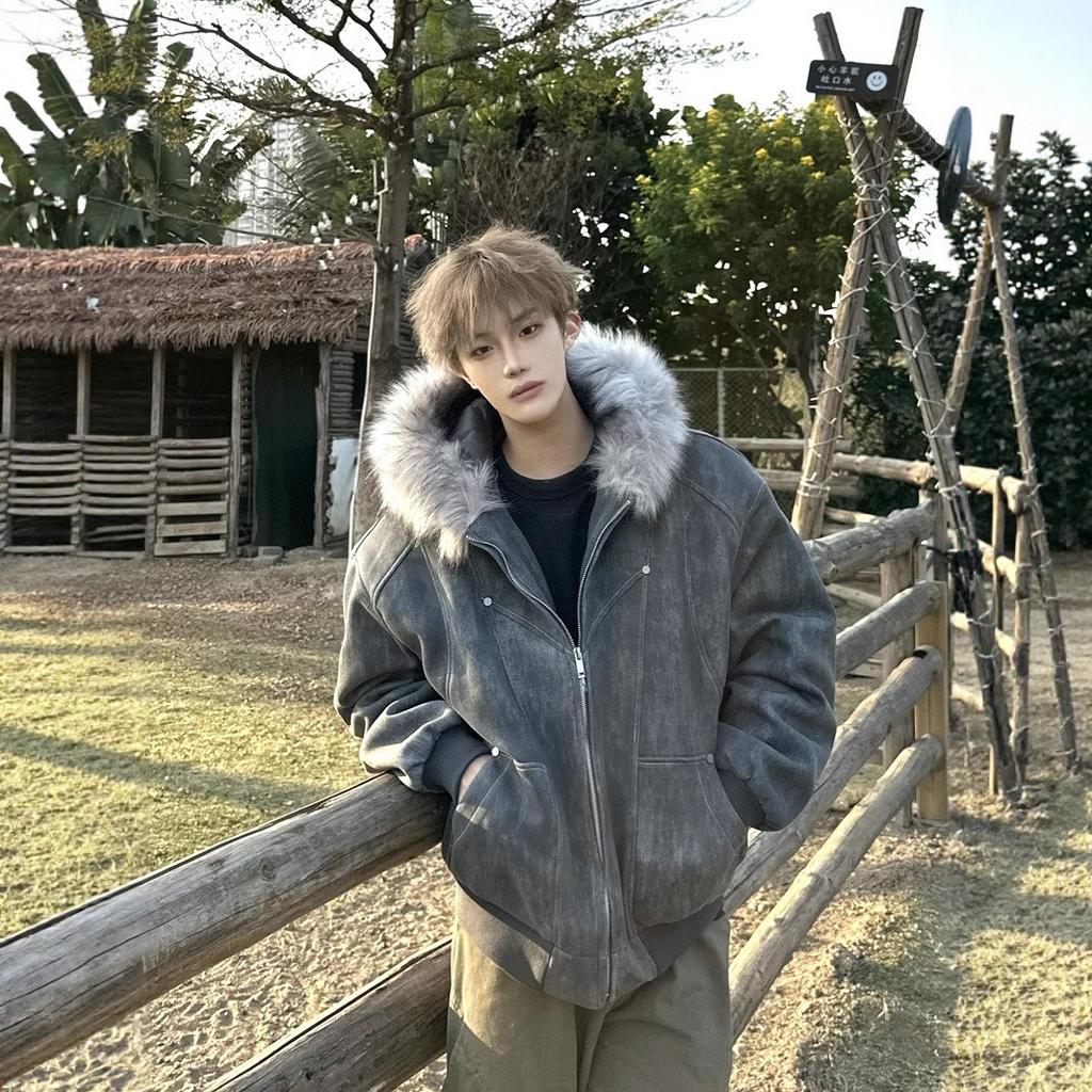 Hooded Fur Collar Padded Cotton Thickened Autumn and Winter Warm Cotton Clothes Men's and Women's Jackets