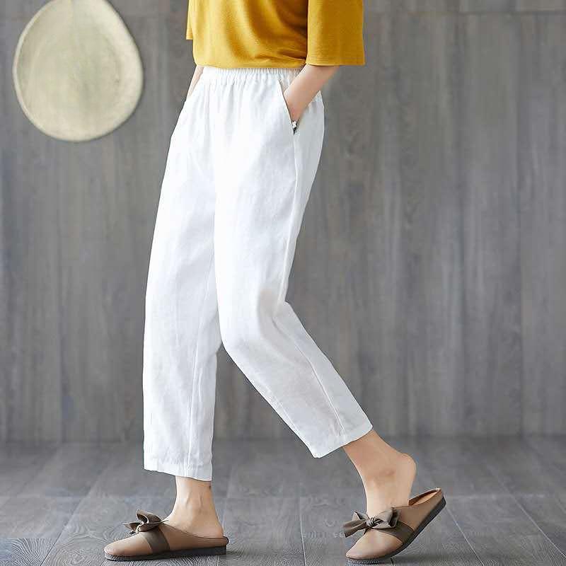 

Бавовняні та лляні брюки-шаровари Жіночі літні штани-шаровари з літератури та мистецтва, однотонні вільні штани з еластичною талією, тонкі штани-редьки, лляні штани-дев’ятки S білий