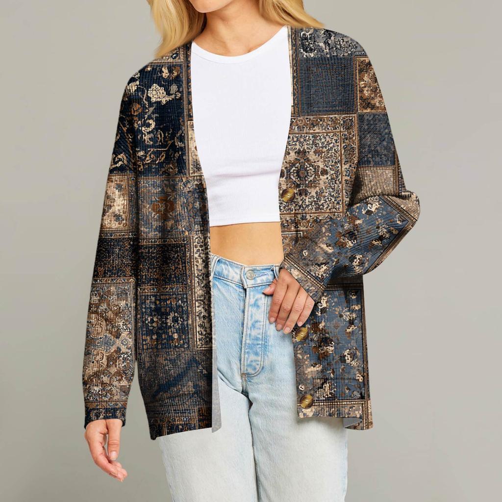 Dame Mote Langermet Juleprint V-Hals Knapper Løs Cardigan Topp