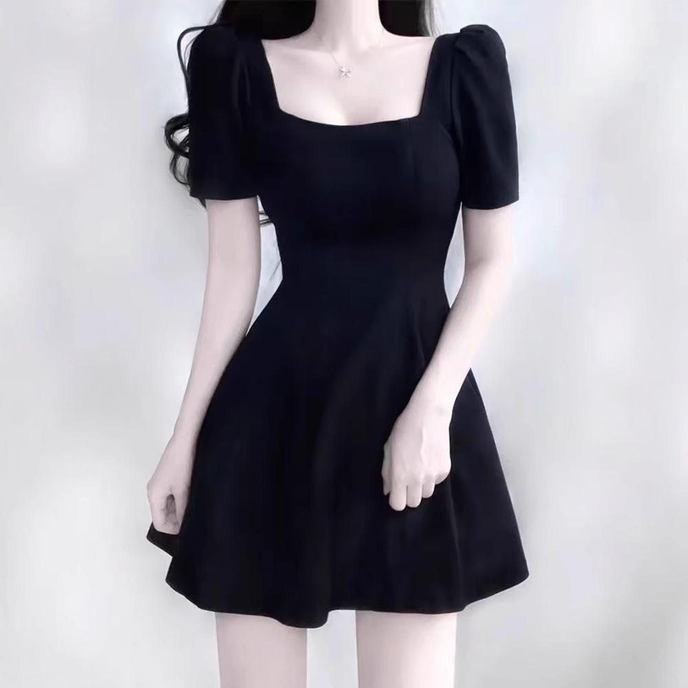 Women French A‑Line Little Black Dress Square Neck Short Sleeve High Waist Fitted Mini Dress Elegant Date Night Dress For Petites Summer 2025