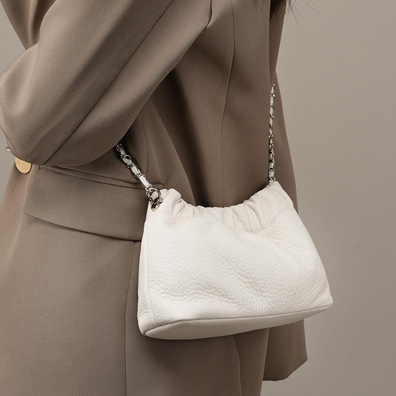 Genuine Leather Bag 2026 Popular Chain Armpit Bag Women's Cloud Pleated Bag Women's Bag Cowhide One-shoulder Crossbody Bag Gold Ball Chain