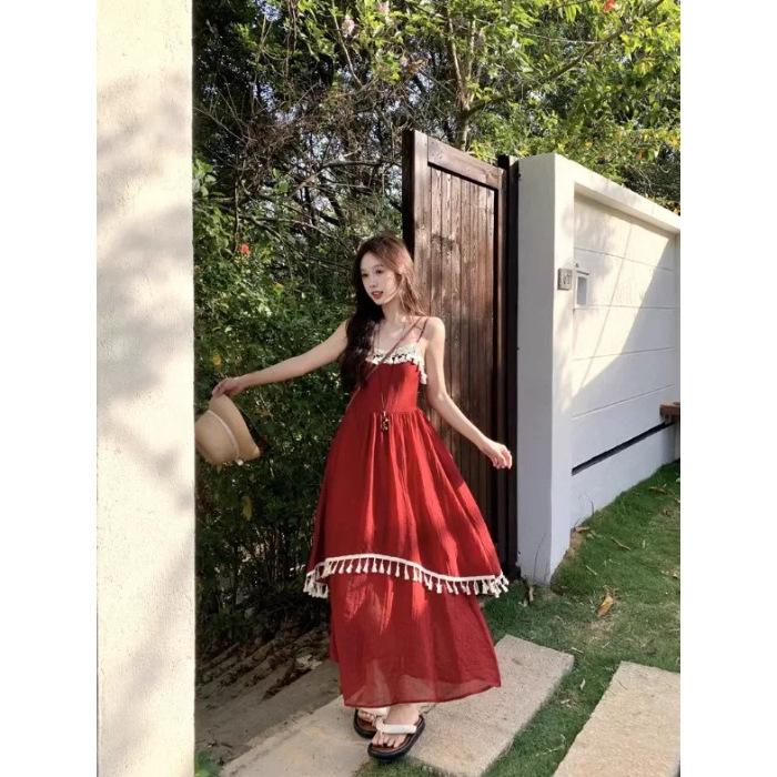 

Holiday wind fringe splicing suspender dress women s summer new waist irregular gentle first love long dress S бордовый