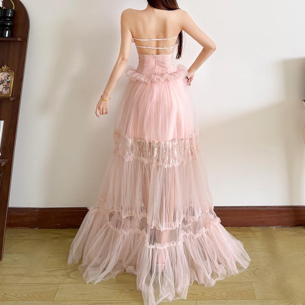 2026 European and American New Water Gloss Yarn Lace Jacquard Splicing Long Neck Yarn Dress Printed Fairy Skirt