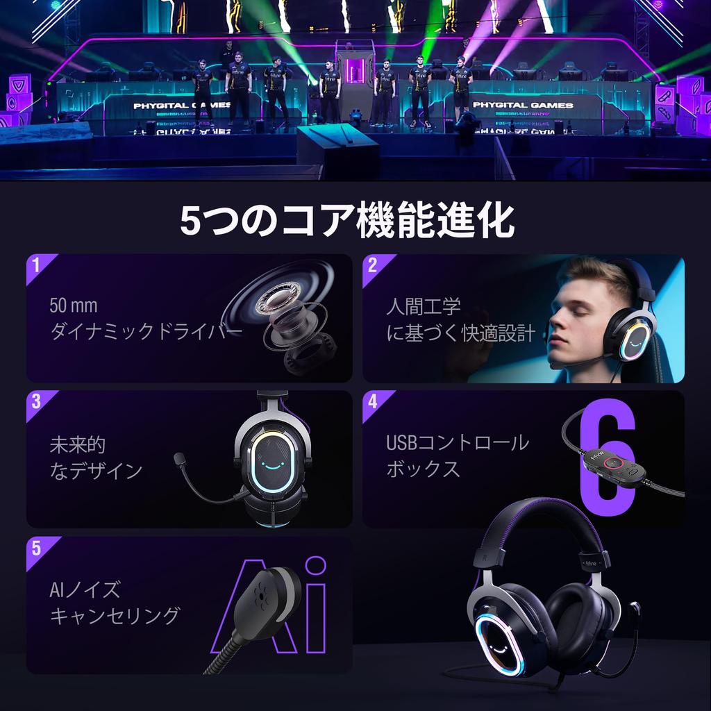 FIFINE Gaming USB Wired Audio Balance Surround Compatible with Gaming and Live Controllable RGB Detachable H13BP Headset, Connection, Game/Chat