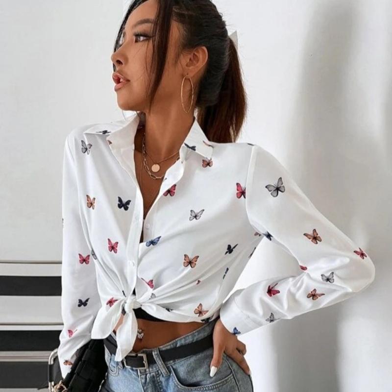Fashion Butterfly Printed Long Sleeve S-5XL Loose Shirts Women Vintage Single Breasted Plus Size Blouse Women Elegant Lapel Office Blouse Tops 26247