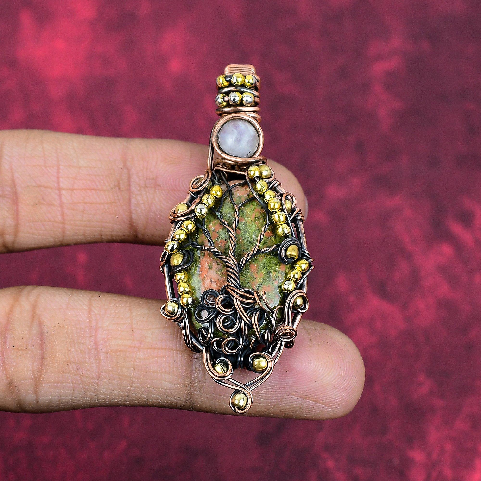 Tree of life unakite pendant copper wire wrapped rainbow moonstone pendant handmade gemstone pendant engagement gifts antique copper jewelry