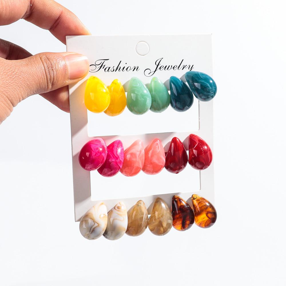 9Pairs Multicolour Acrylic Chunky Water Drop Earring Dupes for Women Retro Resin Small Dome Earring Fashion Jewelry Set Gifts
