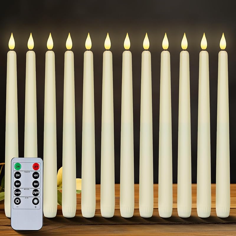 Homemory 12 Pcs Flameless Taper Candles with Remote Timer Dimmer, 11 inches Ivory Taper Candles Battery Operated, Plastic LED Candlesticks with