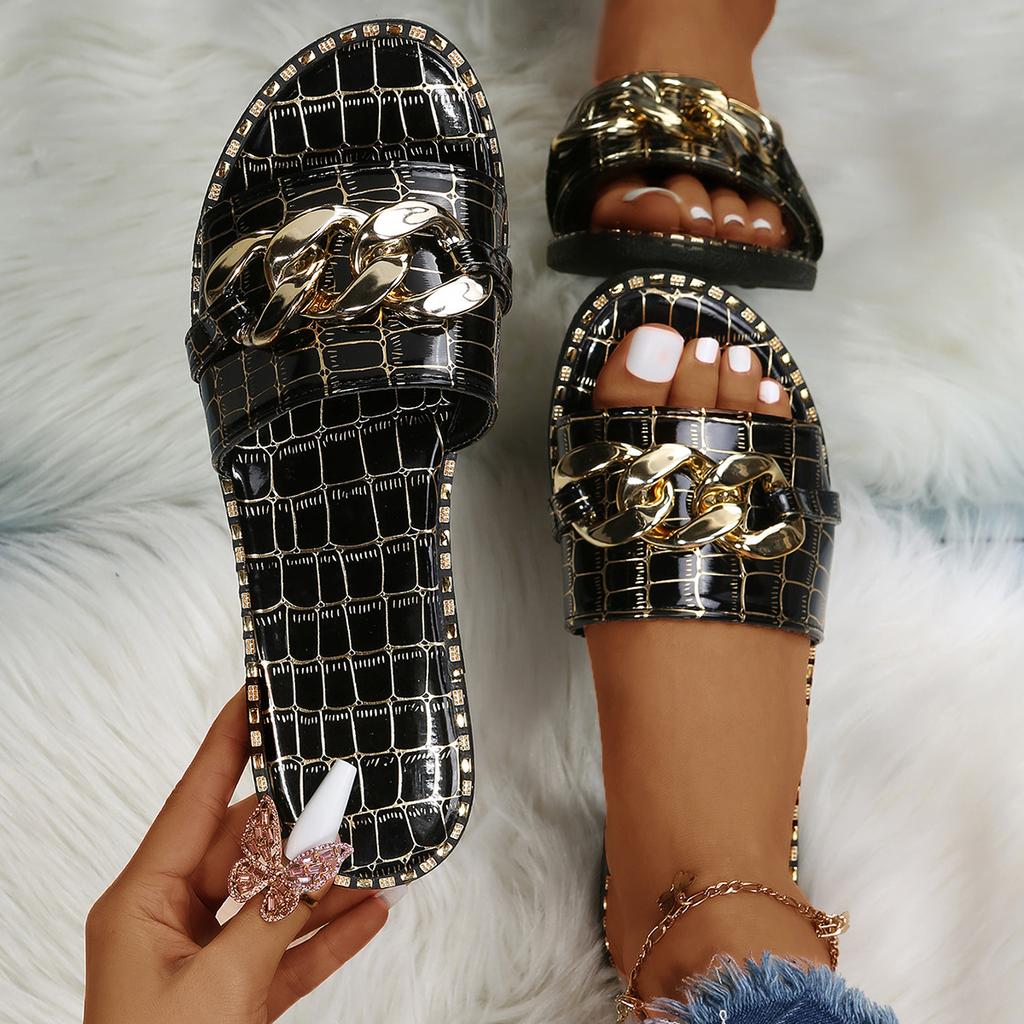 Women Slippers Fashion Sexy Chain Lock Solid Color Plus Size Sandals New Style Roman Style Flat Slippers Outdoor Slides Women