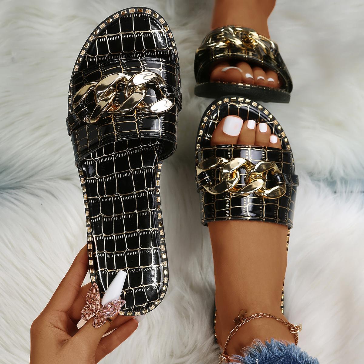 

Женские тапочки Модные Сексуальные Цепочка Замок Однотонные Большого размера Сандалии Новый стиль Римский стиль Плоские тапочки Уличные шлепанцы Женские 42 чёрный