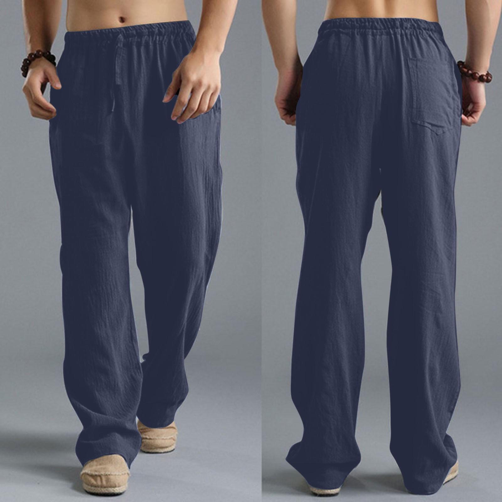 

Мужские повседневные брюки больших размеров со свободным шнурком, льняные дышащие спортивные брюки для мужчин M тёмно-синий