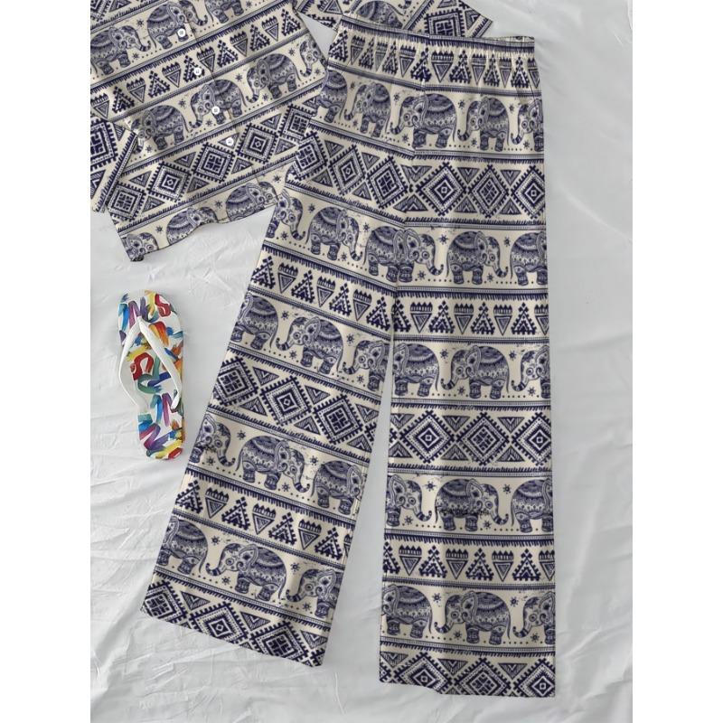 Bohemian Exotic Style Long-sleeved Trousers Suit Women's Ethnic Style Elephant Print Shirt Wide-leg Pants Two-piece Set