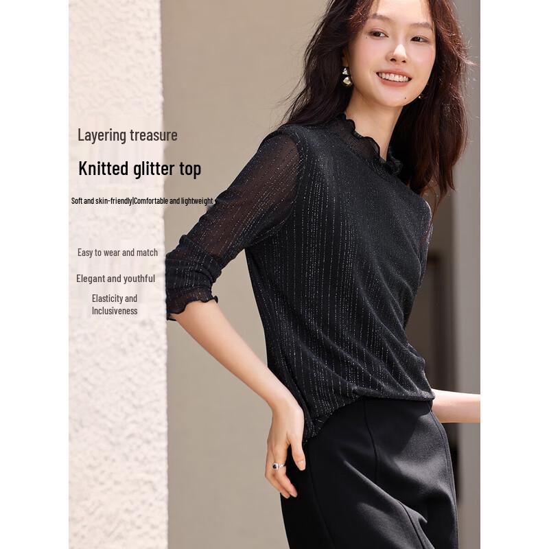 XWI Women s Elegant Ruffle Trim Shimmer Stripe Top M
