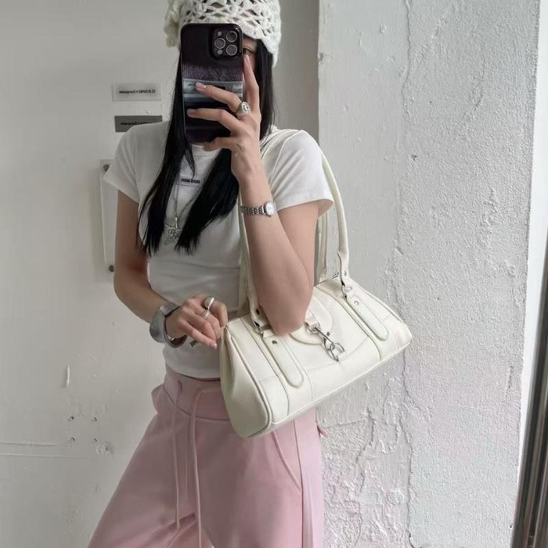 Retro Lock Shoulder Bag, Large Capacity Bost Underarm Bag Women's Fashi Versatile Handbag Solid Color Simple Commuter Bag