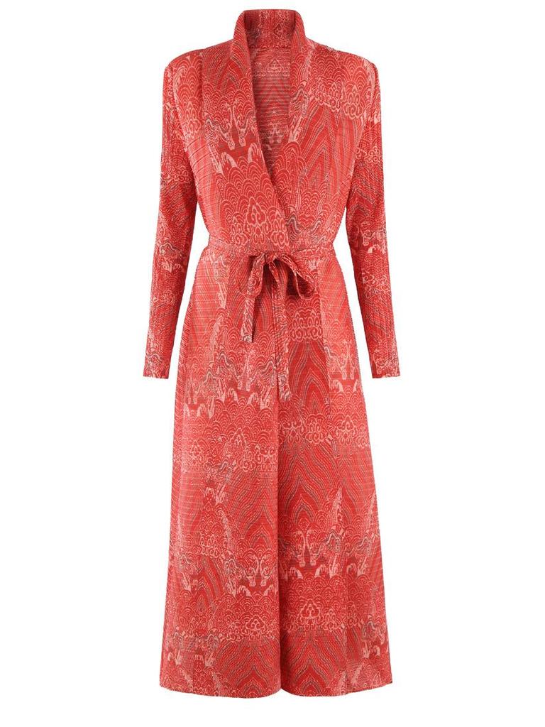 Pleated Printed Long Trench Coat for Women - 2025 Spring Lapel Loose Fit Plus Size Long Sleeve Robe