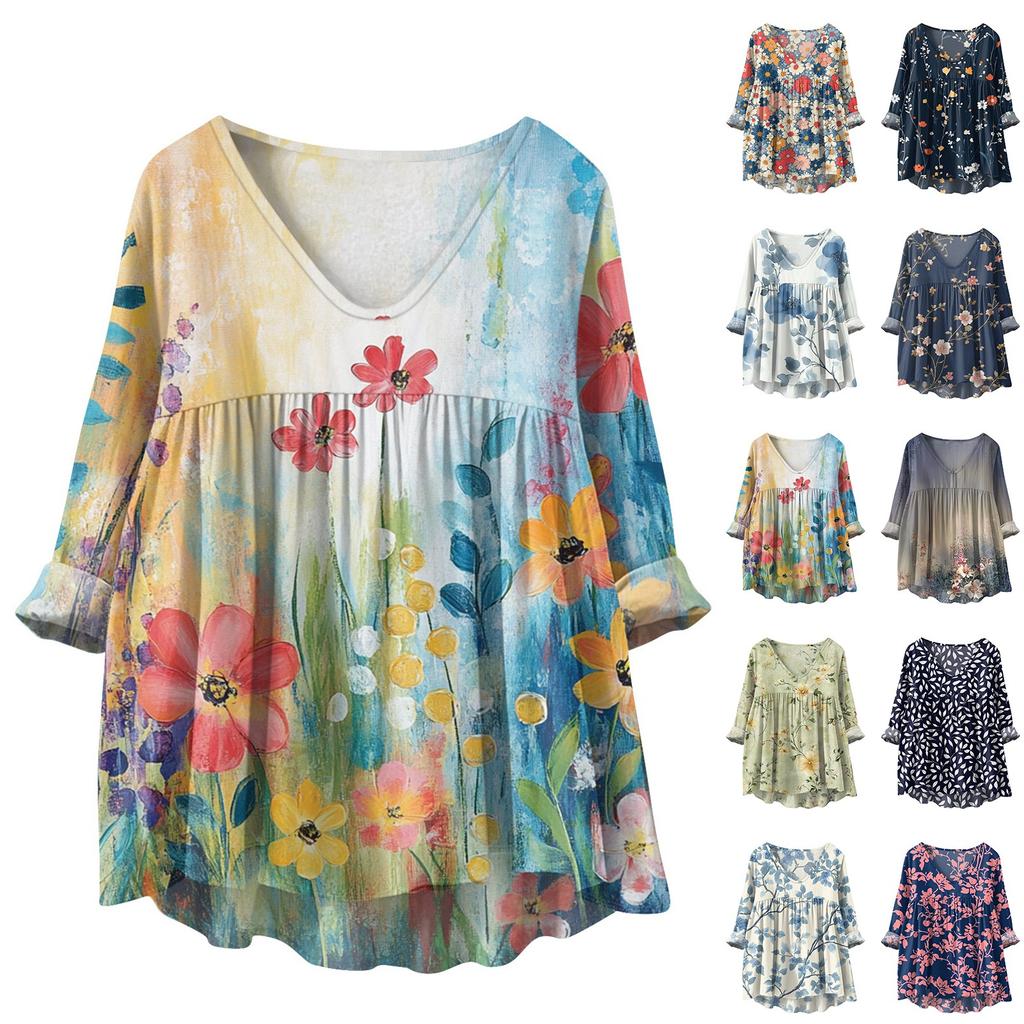 Women's Fashionable And Casual Shirt Long-sleeved V-neck Print Cotton And Linen Blouse