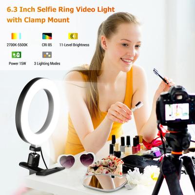 6.3 Inch 2700K-5500K Selfie Ring Video Light with Clamp Mount 3 Dimmable Colors 11 Brightness