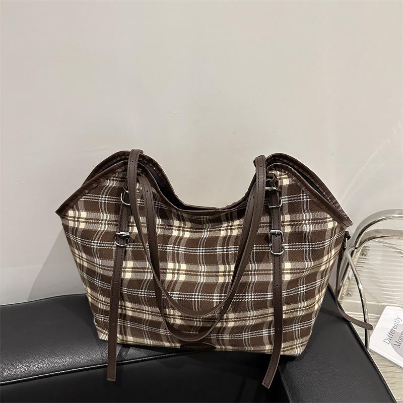 Korean Version of Fashionable Retro Plaid Canvas Tote Bag Women's 2025 Autumn and Winter New Popular Casual and Lightweight Shoulder Bag