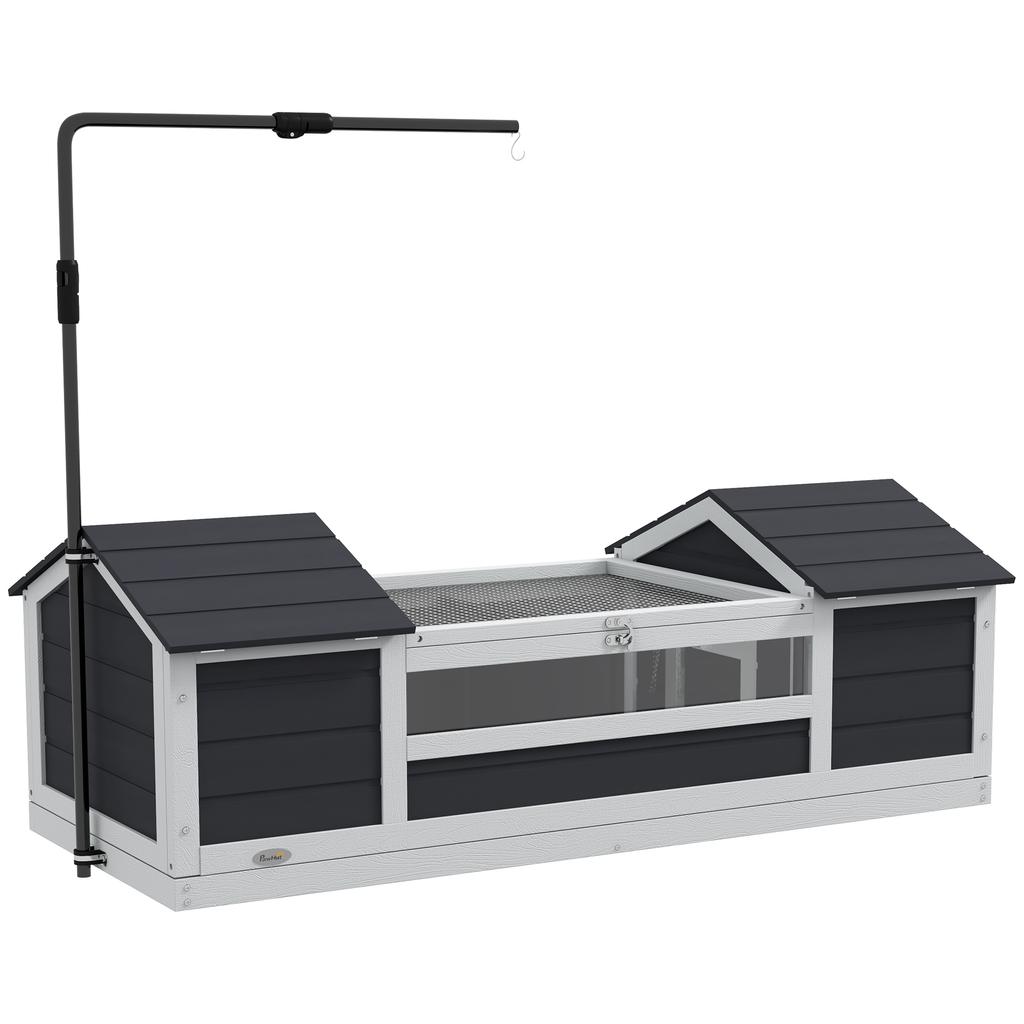 Exterior terrestrial turtle house, turtle enclosure with 2 compartments, adjustable lamp stand, solid wood, 120 x 56.5 x 43 cm, gray