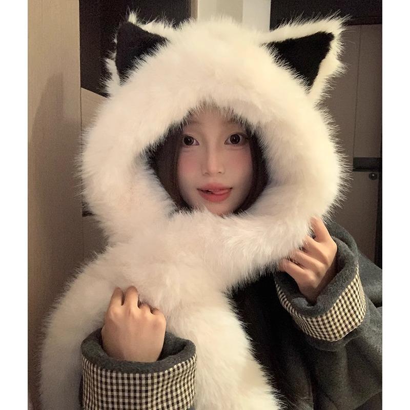 Thickened Plush Fox Ear Hat Scarf All In One Women's Autumn and Winter Cold Proof and Warm Lei Feng Hat Showing Face Small Plush Hat
