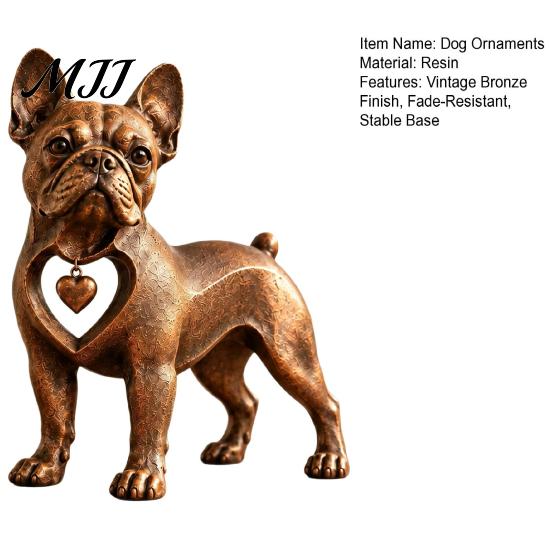 Resin Dog Sculpture Vintage Bronze French Bulldog Figurine, Standing Frenchie Statue with Heart Pendant, Pet Lover Gift Desktop Ornament for